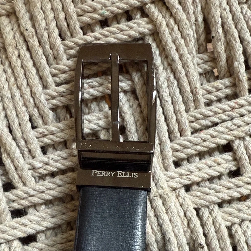 Perry Ellis Men's Faux Black Leather Belt Size 32 Silver Tone Buckle